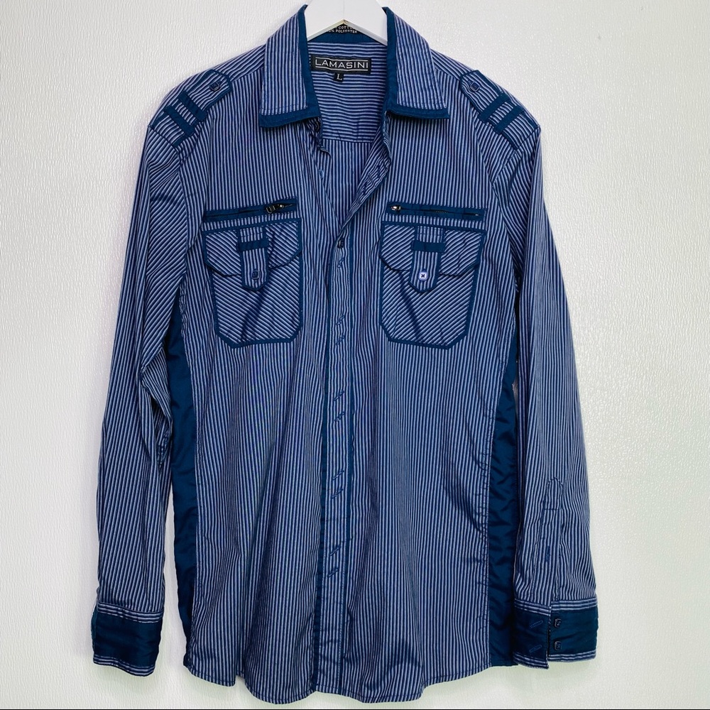 LAMASINI JEANS Men’s Blue Striped Shirt Epauletts Size Large